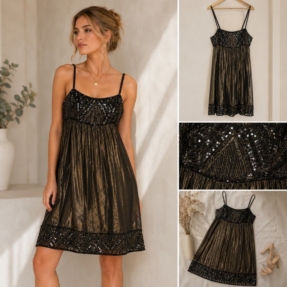 Basix Black Label Silk Beaded Cocktail Dress Gold‎ Metallic Size 12